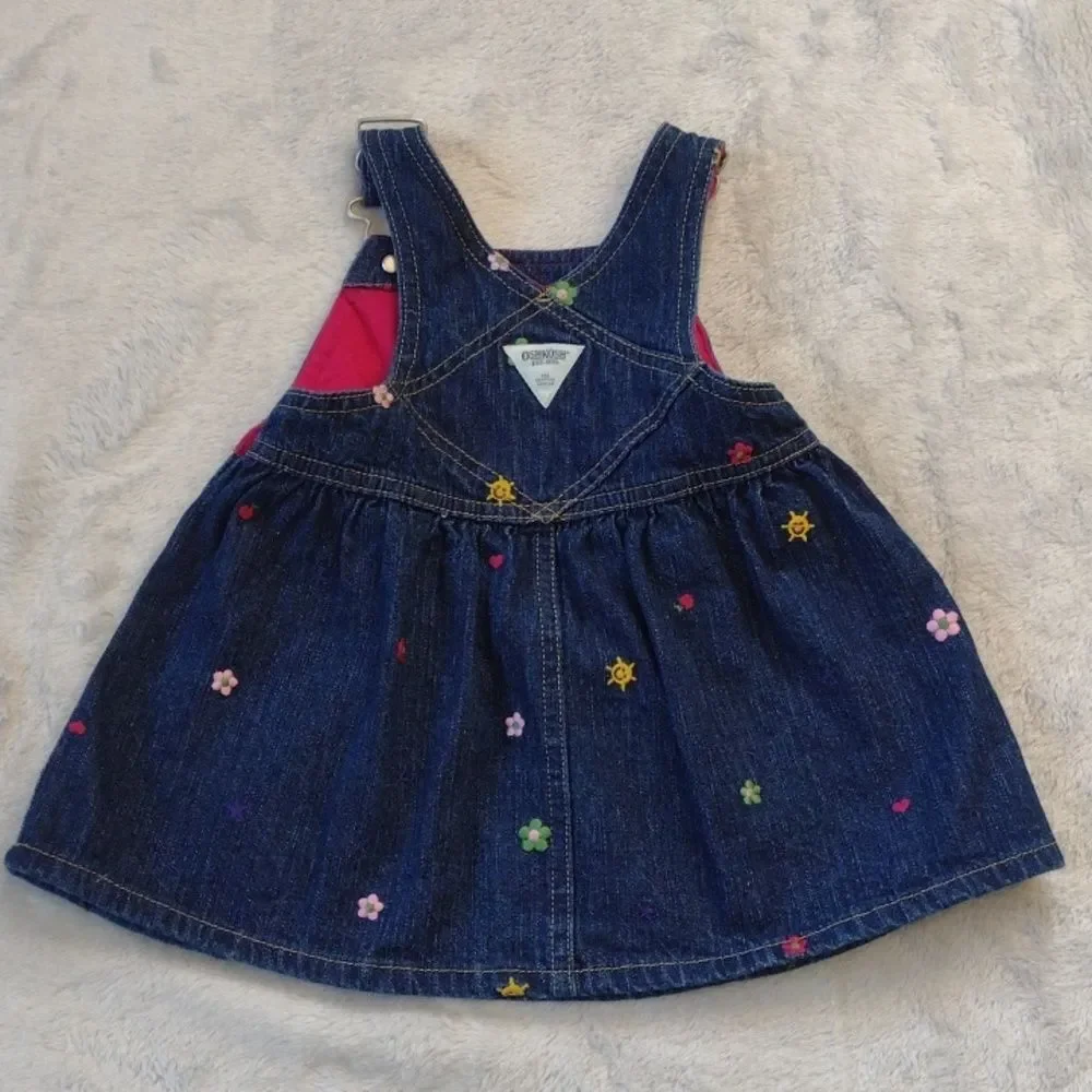 Vintage OshKosh Denim Floral Embroidered Overall Dress Size 12 Months